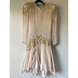 Vintage Crystal Pearl Silk Beaded Dress Black Tie